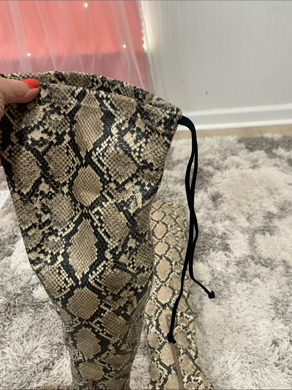 Gianni Bini Snake-Print Over-the-Knee Boots in Beige and Black. Size 7